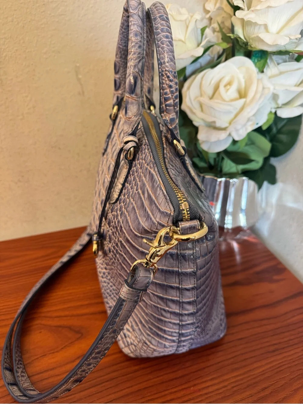 Brahmin Lavender Croc-Embossed Satchel with Removable Strap